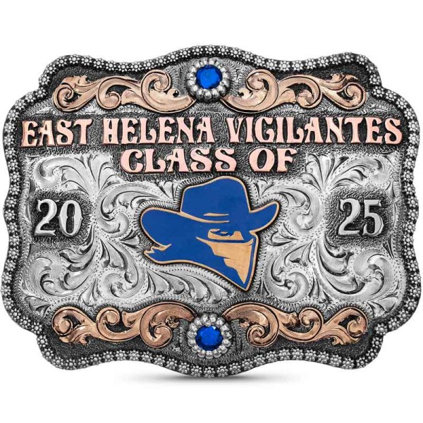 A custom graduation belt buckle for Judson High School Class of Converse, Texas featuring stock show animals figure